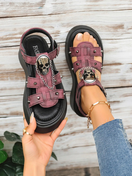 Summer New European Street Style Skull Decor Thick Sole Sandals, Vintage Worn Look Roman Women'S Shoes, Fashionable and Comfortable